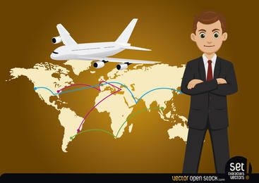 Hombre de negocios con mapa global y avión