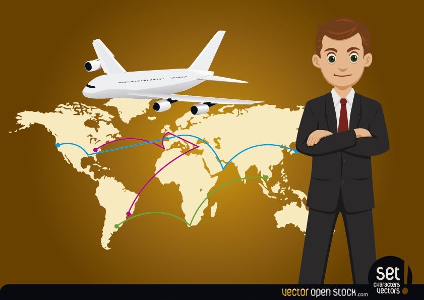 Businessman with Global Map and Airplane