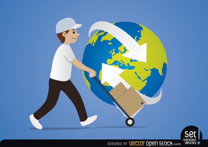 Delivery man cart arrows around planet Delivery man cart arrows around planet