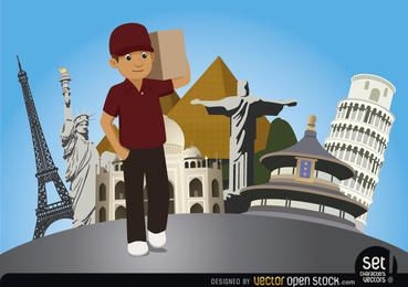 Delivery man with world monuments