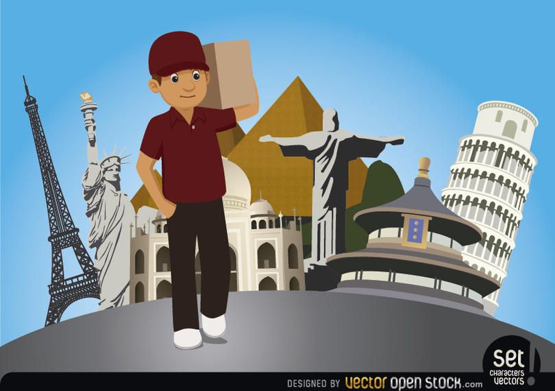 Delivery man with world monuments Delivery man with world monuments