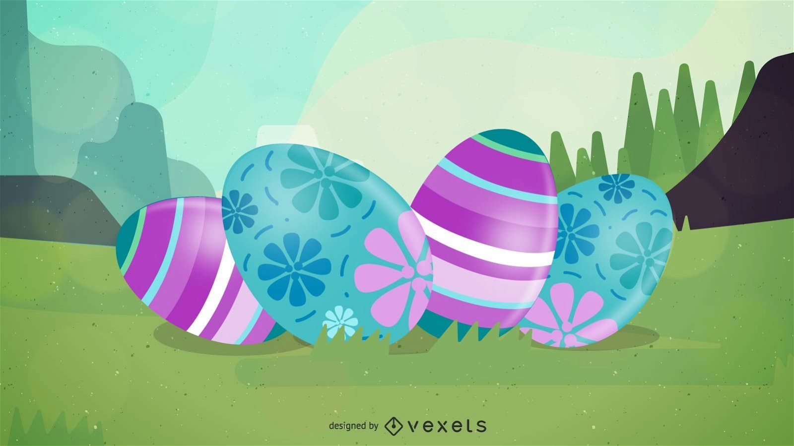 Glowing Easter Background with Eggs & Flowers