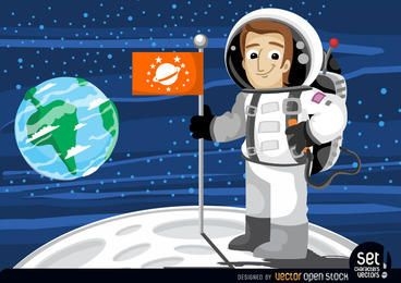 Astronauta con bandera en la luna.