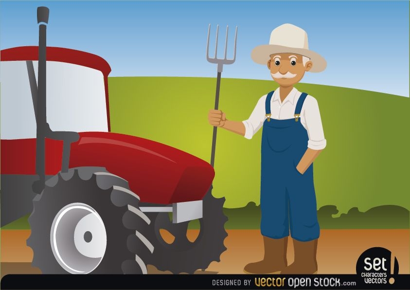 Bauer mit Heugabel neben seinem Traktor
