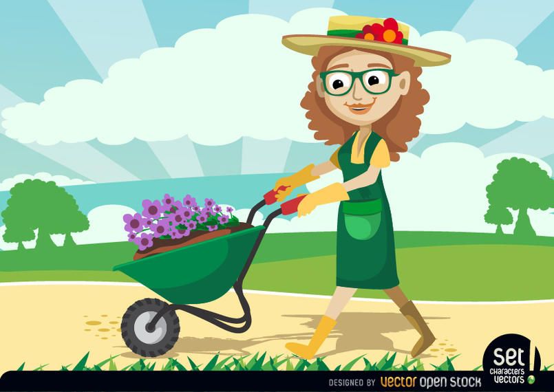 Jardinero Mujeres rodamientos Plantas por Carretilla Jardinero Mujeres rodamientos Plantas por Carretilla