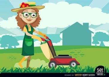 Jardineira feminina com máquina cortadora de grama