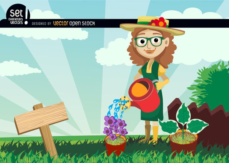 Jardinero mujeres vertiendo agua a las plantas Jardinero mujeres vertiendo agua a las plantas