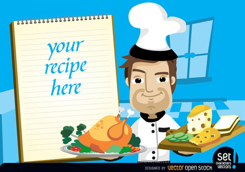 Chef with chicken, cheese and recipe note Chef with chicken, cheese and recipe note