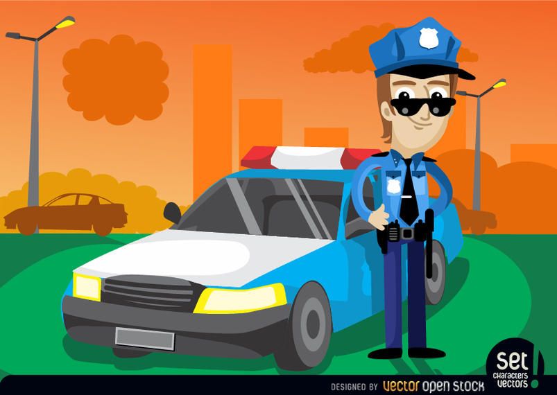 Policeman With His Cop Car Vector Policeman With His Cop Car