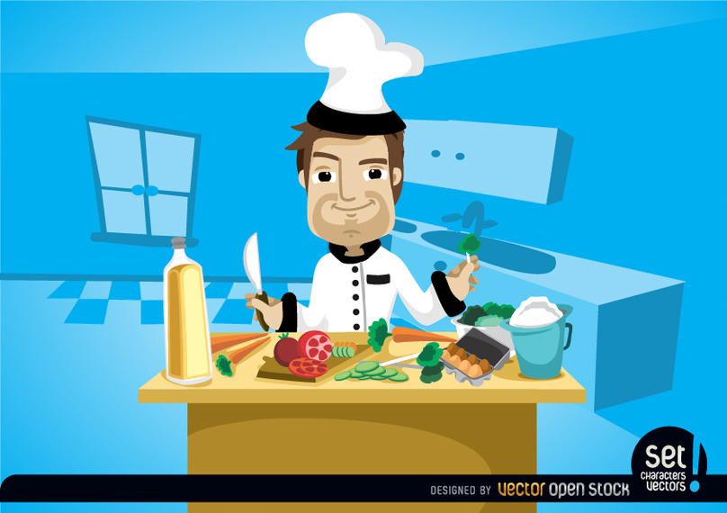 Chef de cozinha na mesa da cozinha Chef de cozinha na mesa da cozinha