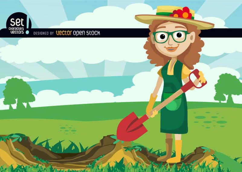Girl digging with shovel in green field Girl digging with shovel in green field