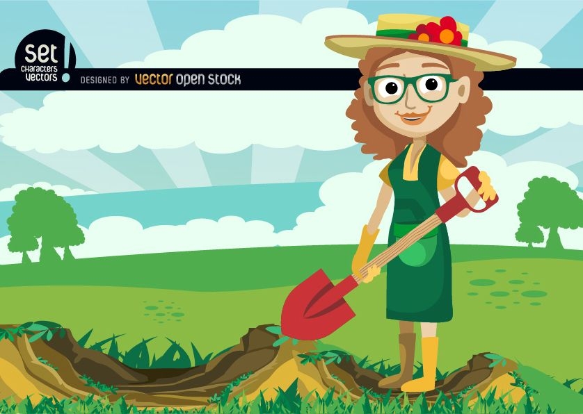 Girl digging with shovel in green field