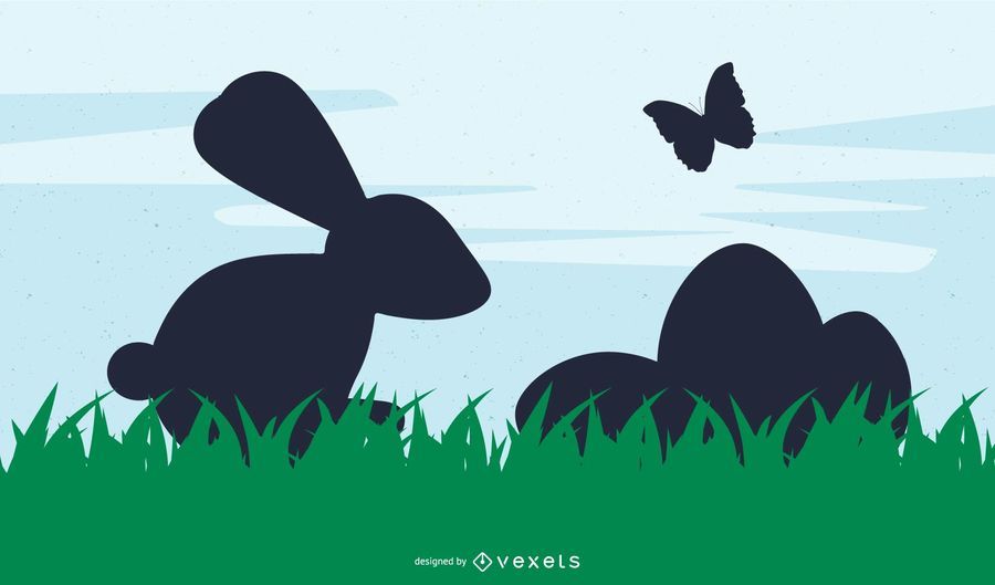 Silhouette Easter Bunny and Eggs on Grass Silhouette Easter Bunny and Eggs on Grass