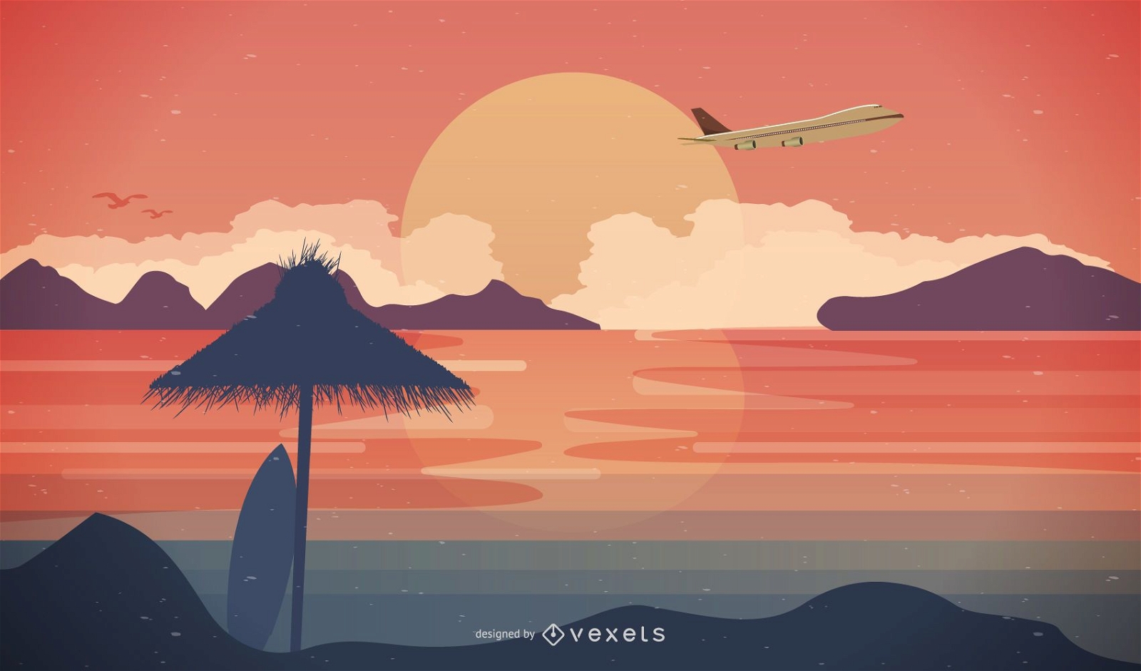 Escena de viaje con avión y puesta de sol en la playa