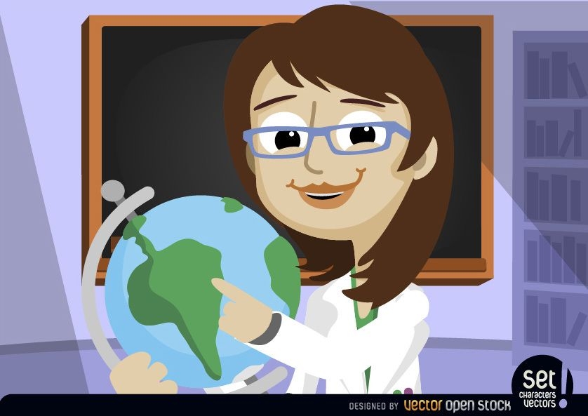 Professora apontando para o globo do mundo