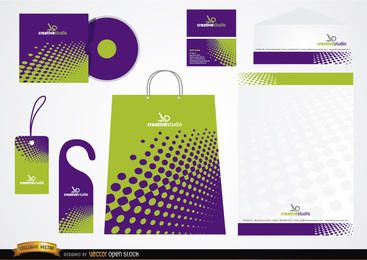 Design de embalagem de papelaria verde roxo