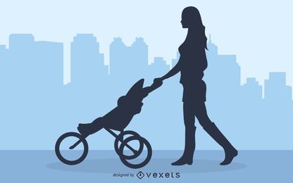 Mommy Walking with Baby Stroller