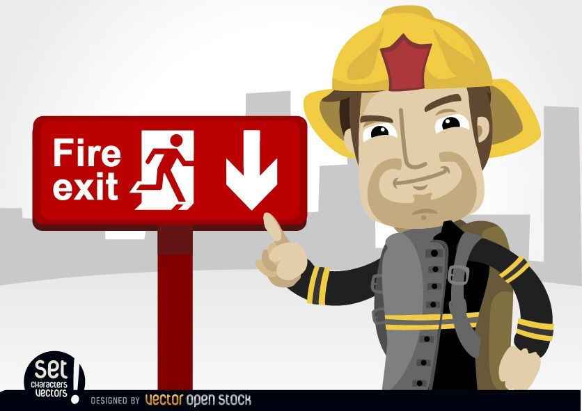 Fireman pointing fire exit sign