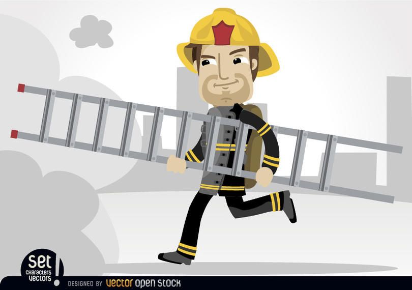 Bombero corriendo con escalera de rescate. Bombero corriendo con escalera de rescate.