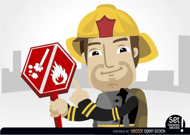 Fireman pointing burning risk sign Fireman pointing burning risk sign