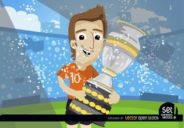 Footballer with soccer cup trophy