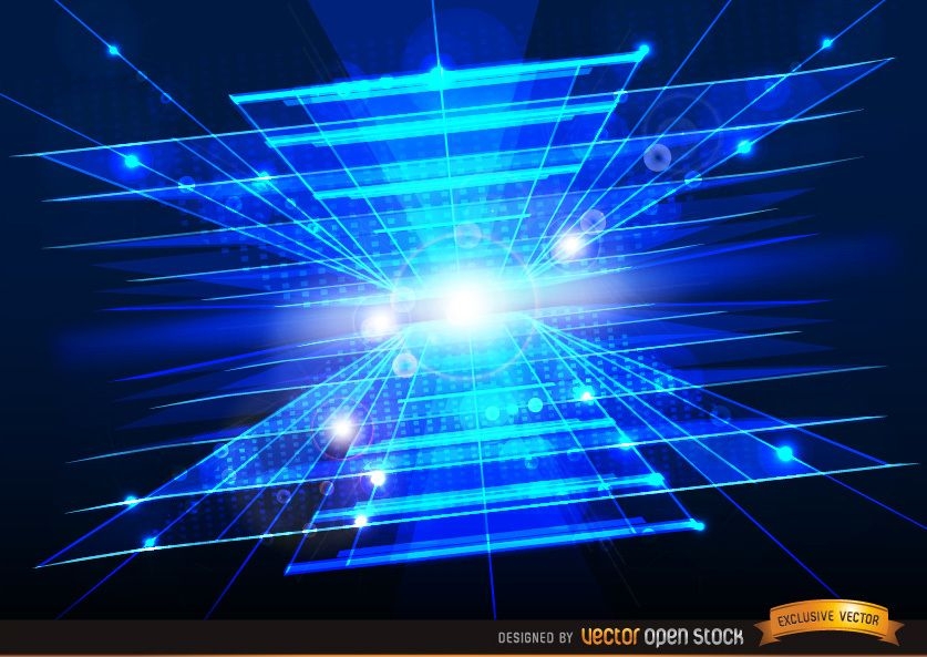 Technologischer abstrakter blauer Hintergrund mit Lichtfackeln