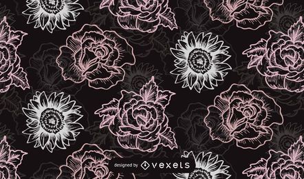 Seamless Retro Rose Pattern Black Background