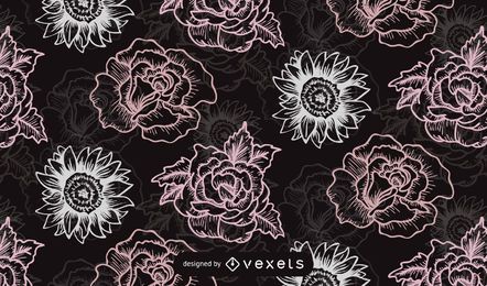 Seamless Retro Rose Pattern Black Background Vector Download