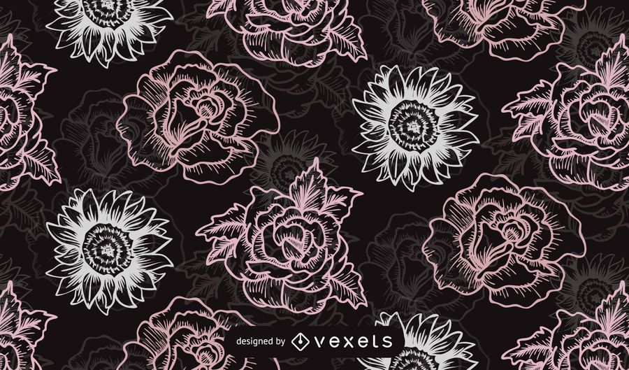 Seamless Retro Rose Pattern Black Background Seamless Retro Rose Pattern Black Background