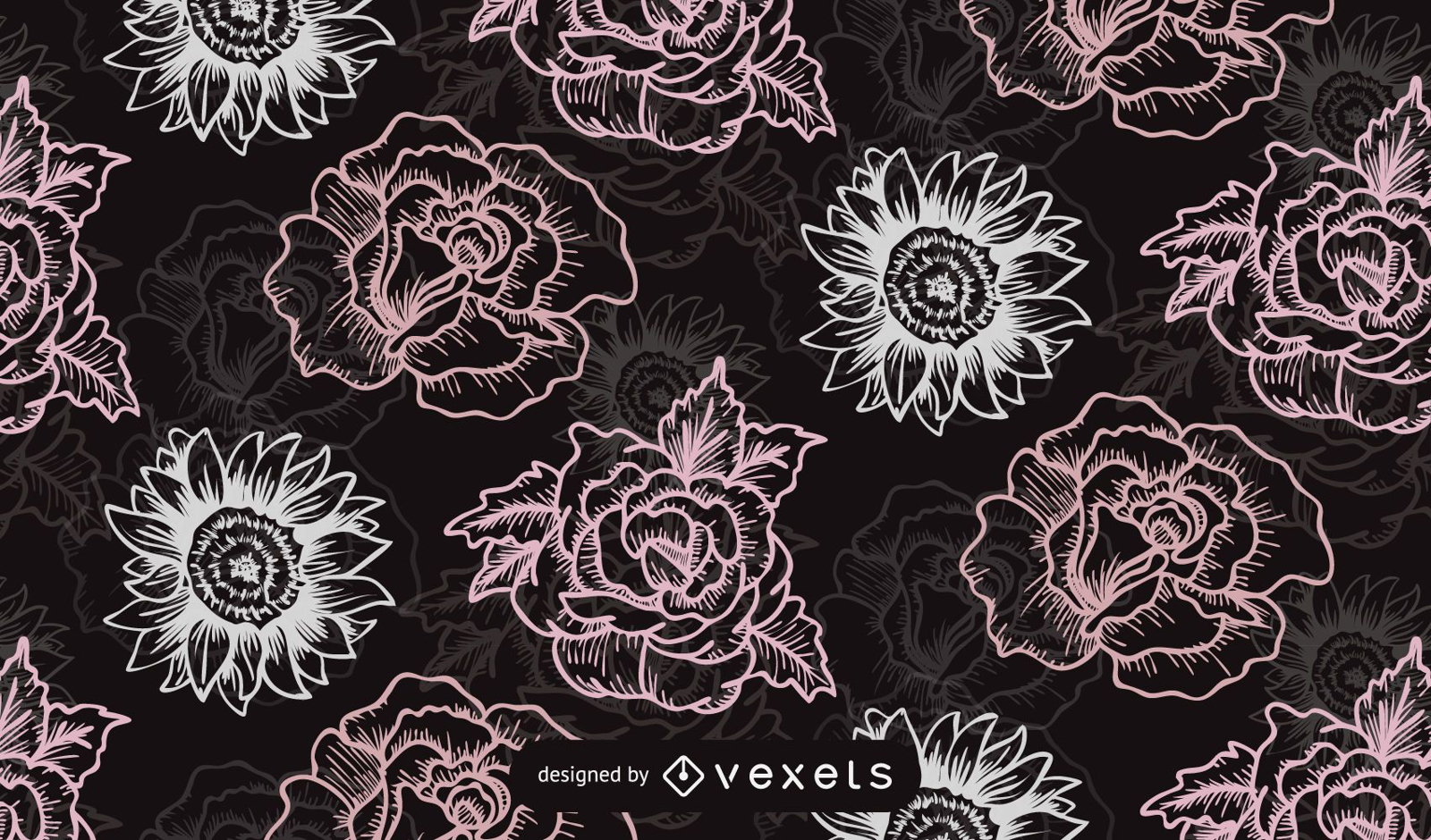 Seamless Retro Rose Pattern Background Preto