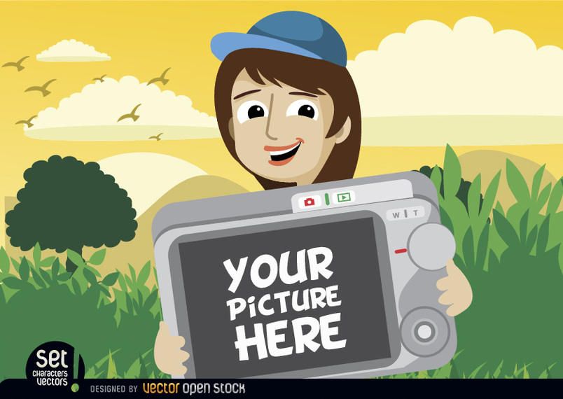 Cartoon girl showing photo in camera Cartoon girl showing photo in camera