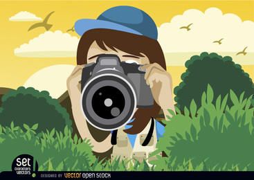 Chica disparando con camara Chica disparando con camara