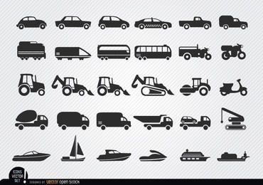 Fahrzeug- und Schiffssilhouetten-Symbolsatz