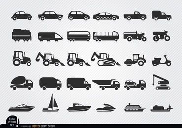 Vehicles and ships silhouettes icon set