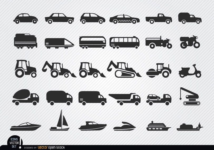 Vehicles and ships silhouettes icon set Vehicles and ships silhouettes icon set