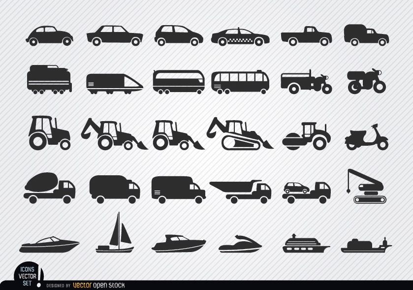 Conjunto de iconos de siluetas de vehículos y barcos