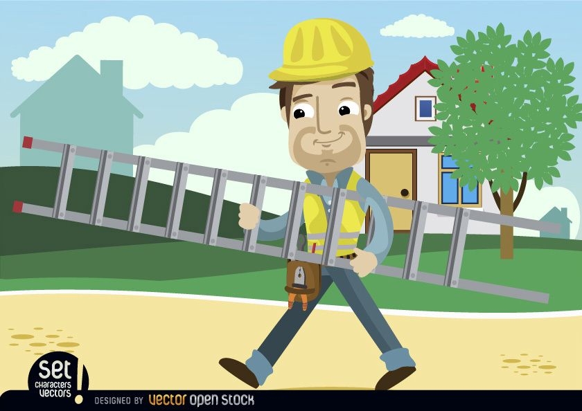 Contruction Worker Cartoon carrying ladder