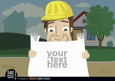 Empleado de construcción buscando planes de texto Empleado de construcción buscando planes de texto