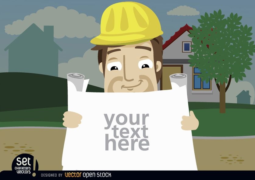 Construction employee looking plans text