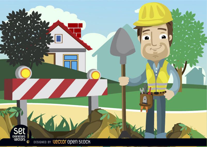 Under construction barricade man with shovel Under construction barricade man with shovel