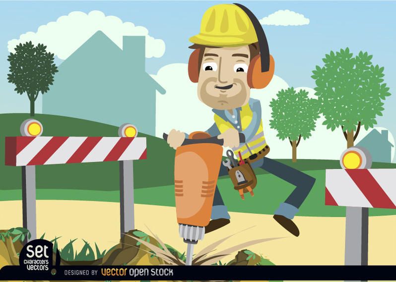 Worker drilling ground with barricades Worker drilling ground with barricades
