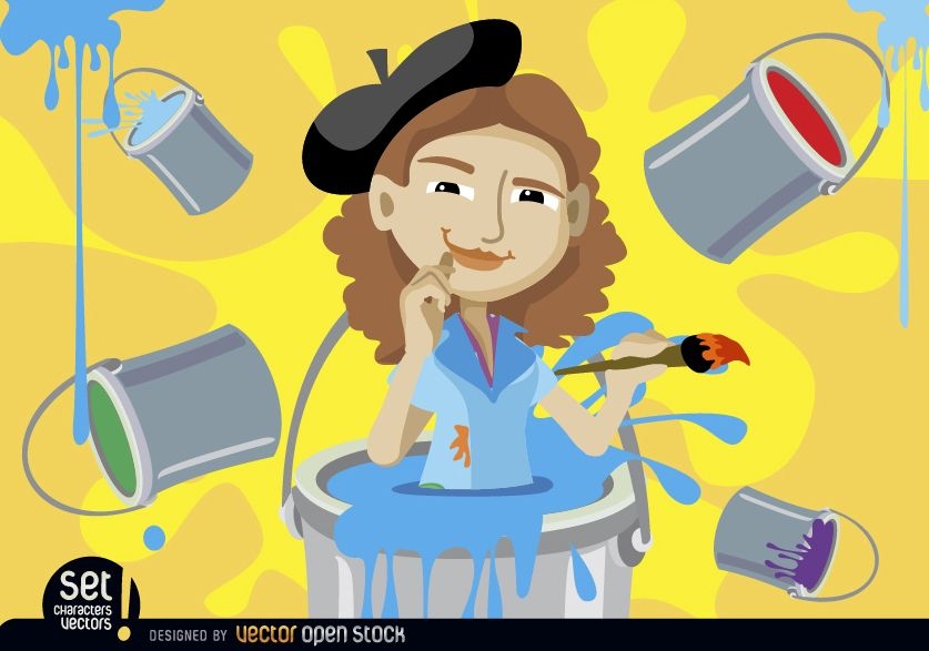 Painter woman inside paint bucket