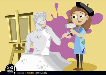 Artist woman sculpting statue