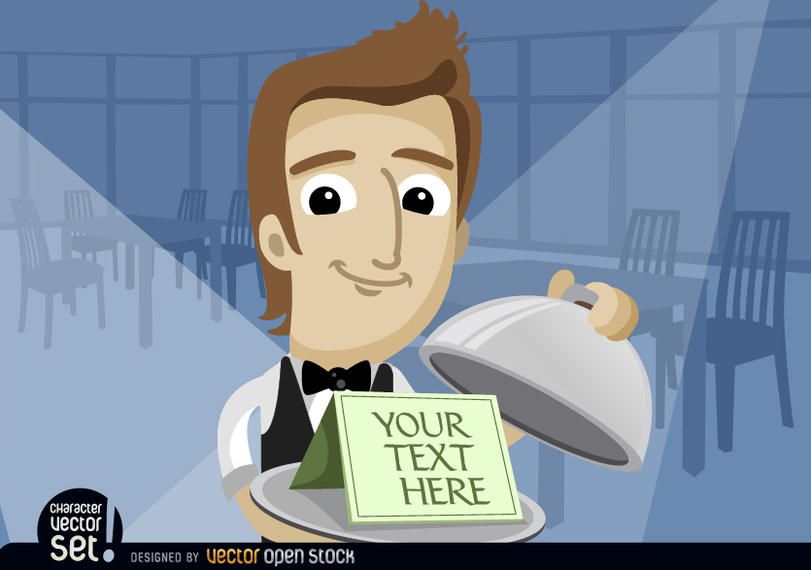 Waiter showing text in tray with lid Waiter showing text in tray with lid