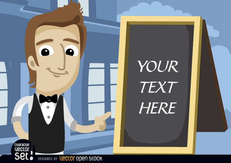 Camarero que señala el texto del tablero del menú Camarero que señala el texto del tablero del menú