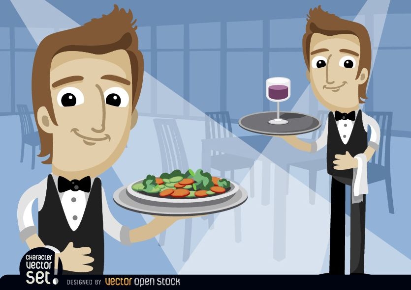 Waiters with salad saucer and wineglass