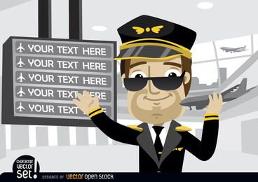 Piloto mostrando textos da placa do aeroporto