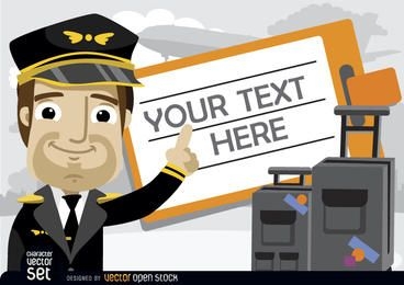 Pilot with luggage and travel ticket text