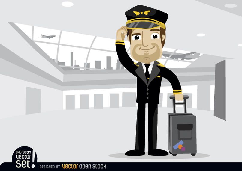 Airplane pilot with baggage in airport Airplane pilot with baggage in airport