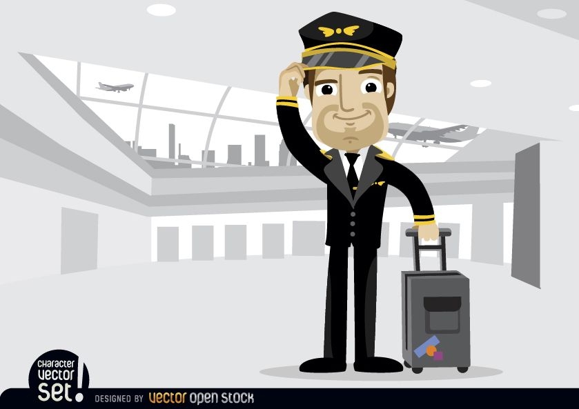 Airplane pilot with baggage in airport 